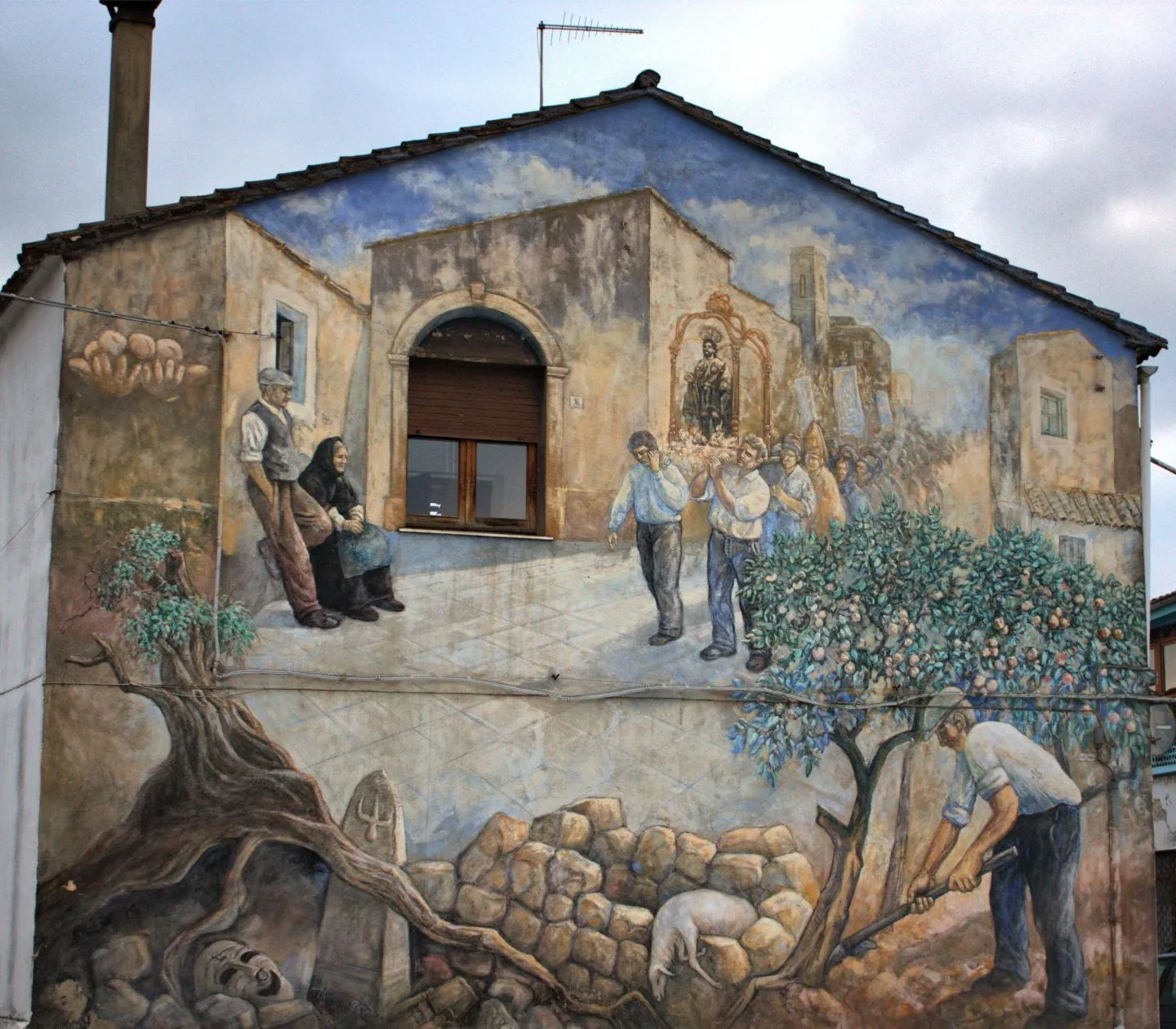 Murale storico nel centro di San Sperate, Sardegna
